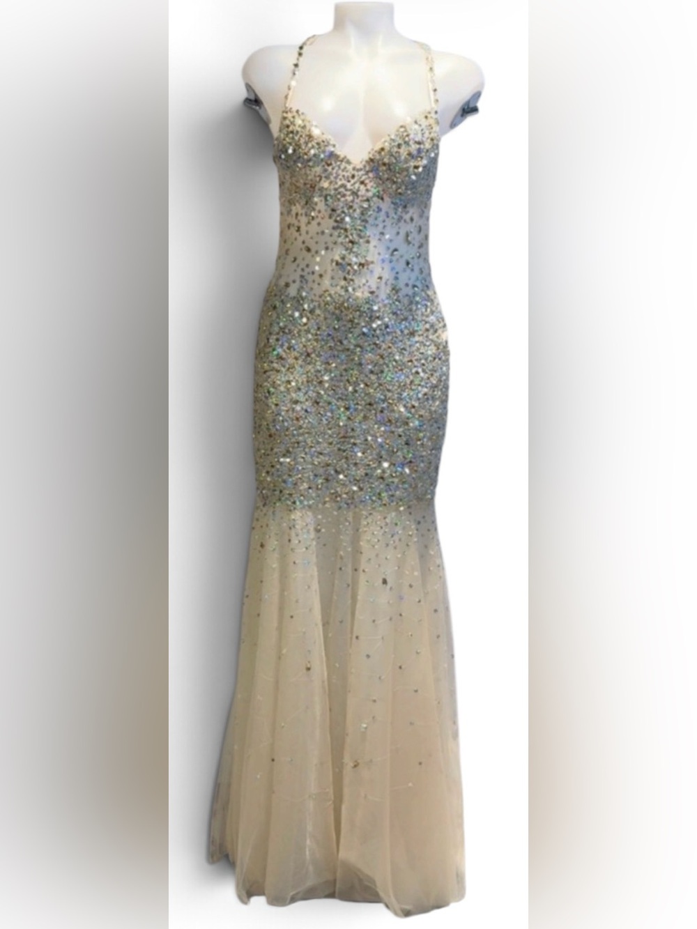 Elegant Sequin Evening Long Dress in Gold and Cream